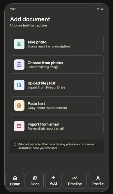 Klario upload screen showing report import methods