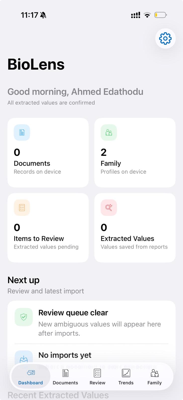 Klario dashboard showing documents, family, review items, and extracted values